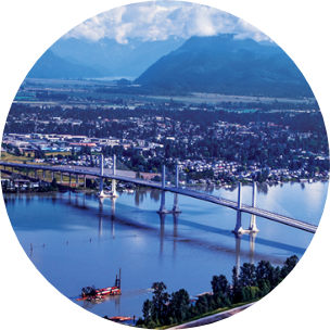 River in British Colombia (Canada) with city buildings surrounding it.