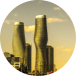 Uniquely shaped skyscraper buildings in Mississauga, Canada.