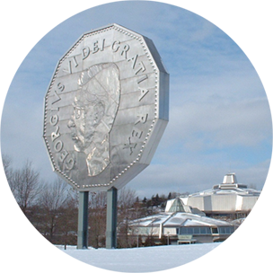 Large sculpture in Sudbury of silver Canadian coin; "GeorgIVs VI Dei Gratia Rex"