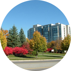 Large white building with lots of windows and colourful green and red trees in front in Richmond Hill, Canada.