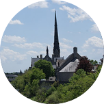 Green trees, with building tops emerging from them and a church spire ascending up into the sky.