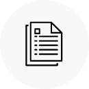 Black and white icon of stacked papers, with a list written down it.