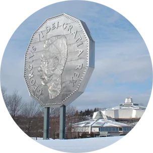 Large sculpture in Sudbury of silver Canadian coin; "GeorgIVs VI Dei Gratia Rex"