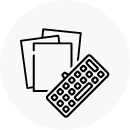 Icon of fanned out papers, with a keyboard on top.
